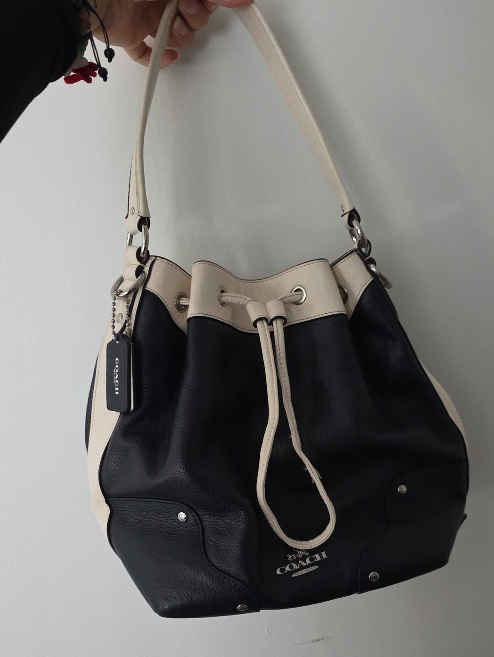 Coach Navy Blue and Cream Drawstring Shoulder Hobo